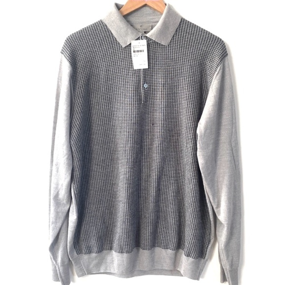 Canali Mens Long-sleeve Gray & Black Houndstooth print front Sweater, Size XXL